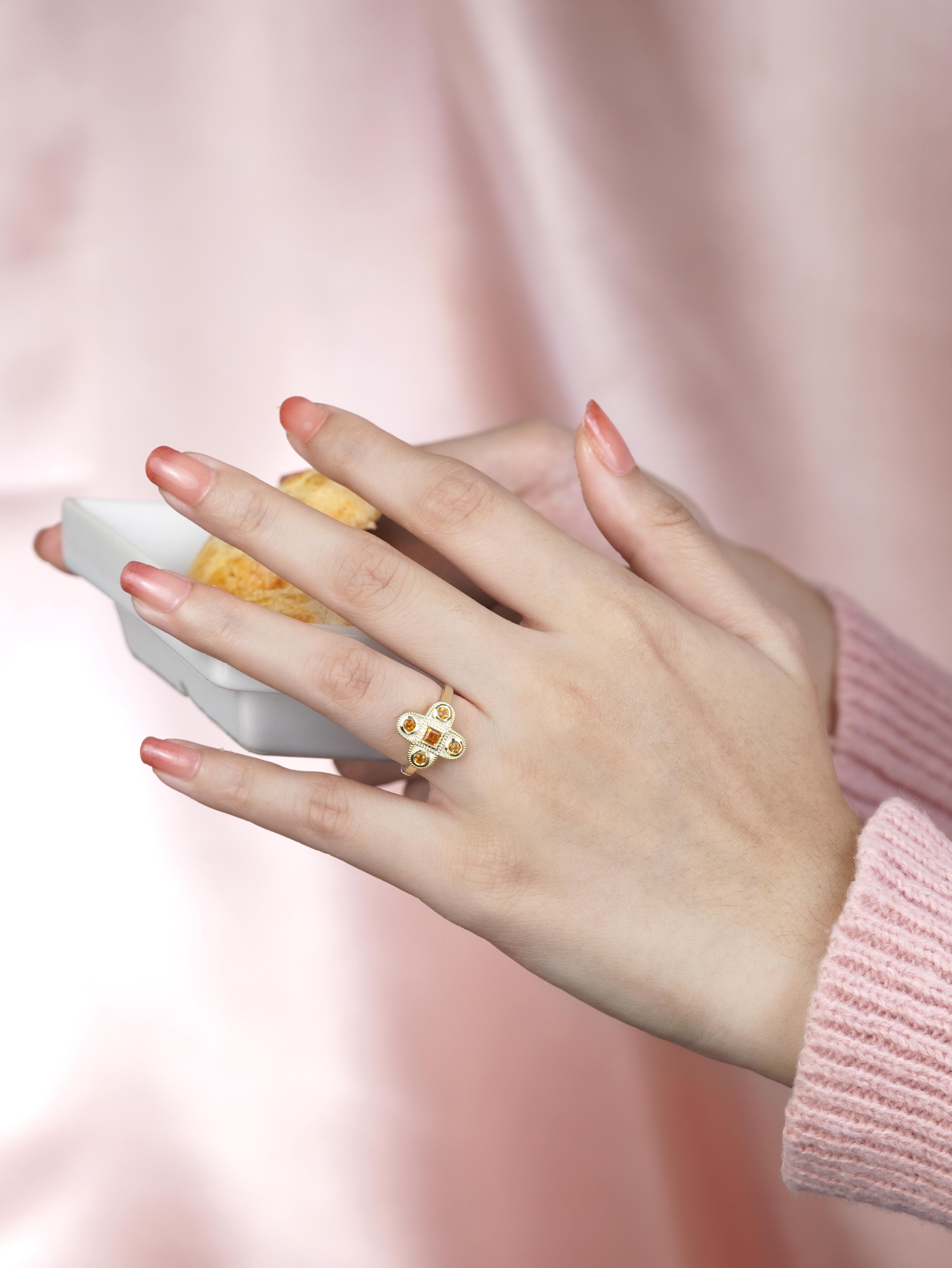 14K Yellow Gold Citrine Vintage Style Cross Cluster Ring For Sale 7