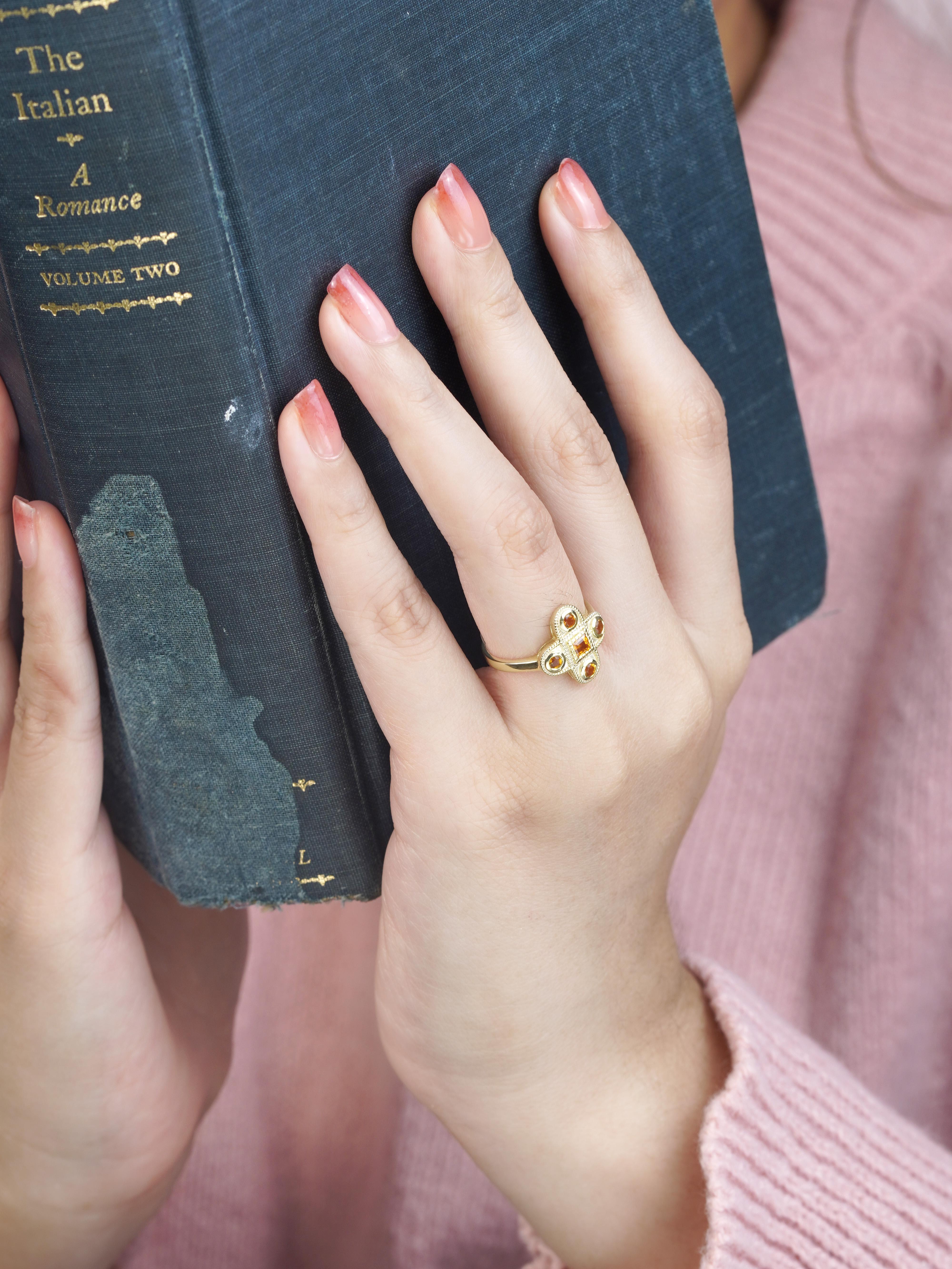 14K Yellow Gold Citrine Vintage Style Cross Cluster Ring For Sale 8