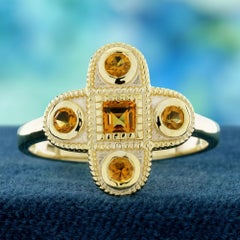 14K Yellow Gold Citrine Vintage Style Cross Cluster Ring