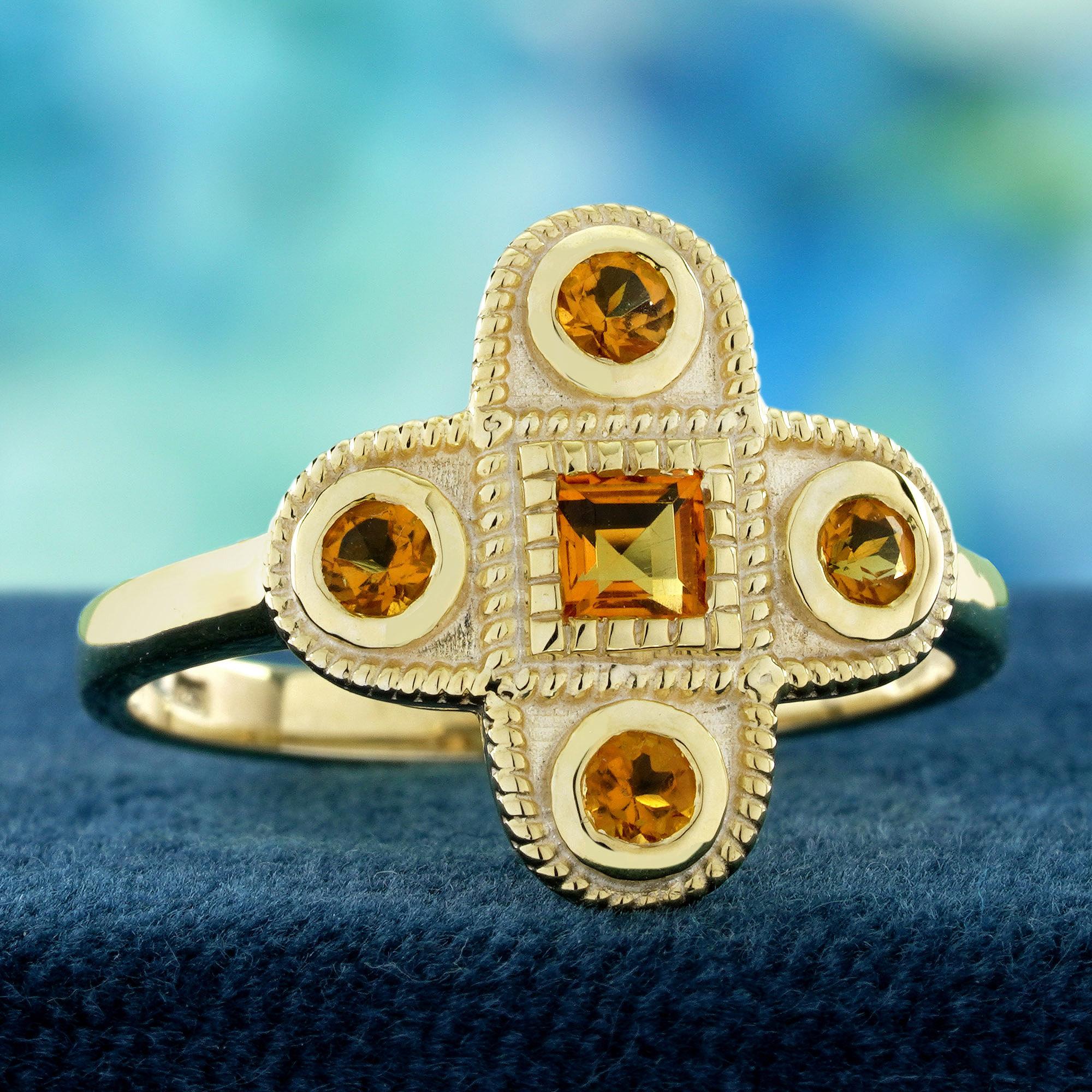Edwardian 14K Yellow Gold Citrine Vintage Style Cross Cluster Ring For Sale