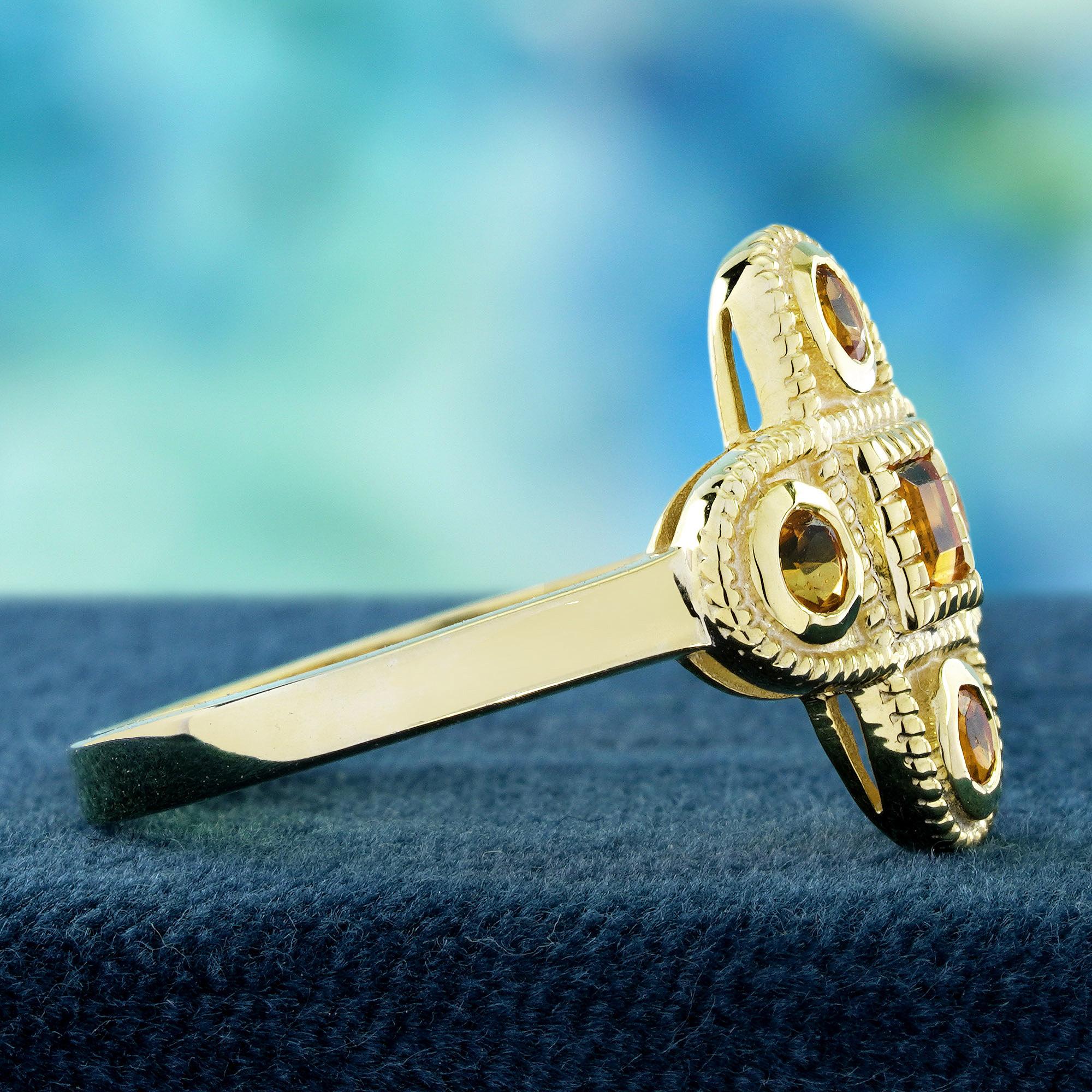 Round Cut 14K Yellow Gold Citrine Vintage Style Cross Cluster Ring For Sale