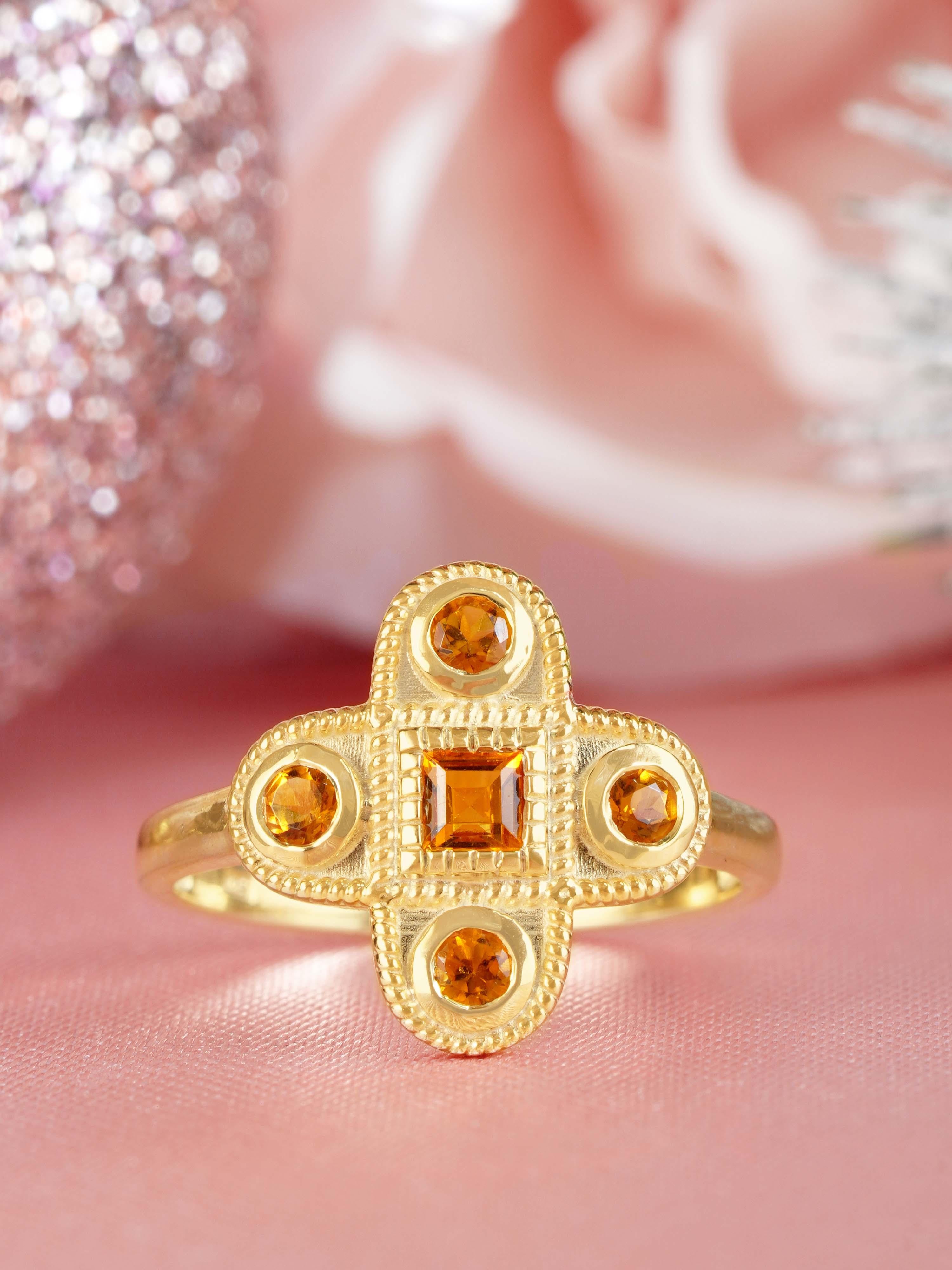 14K Yellow Gold Citrine Vintage Style Cross Cluster Ring For Sale 2