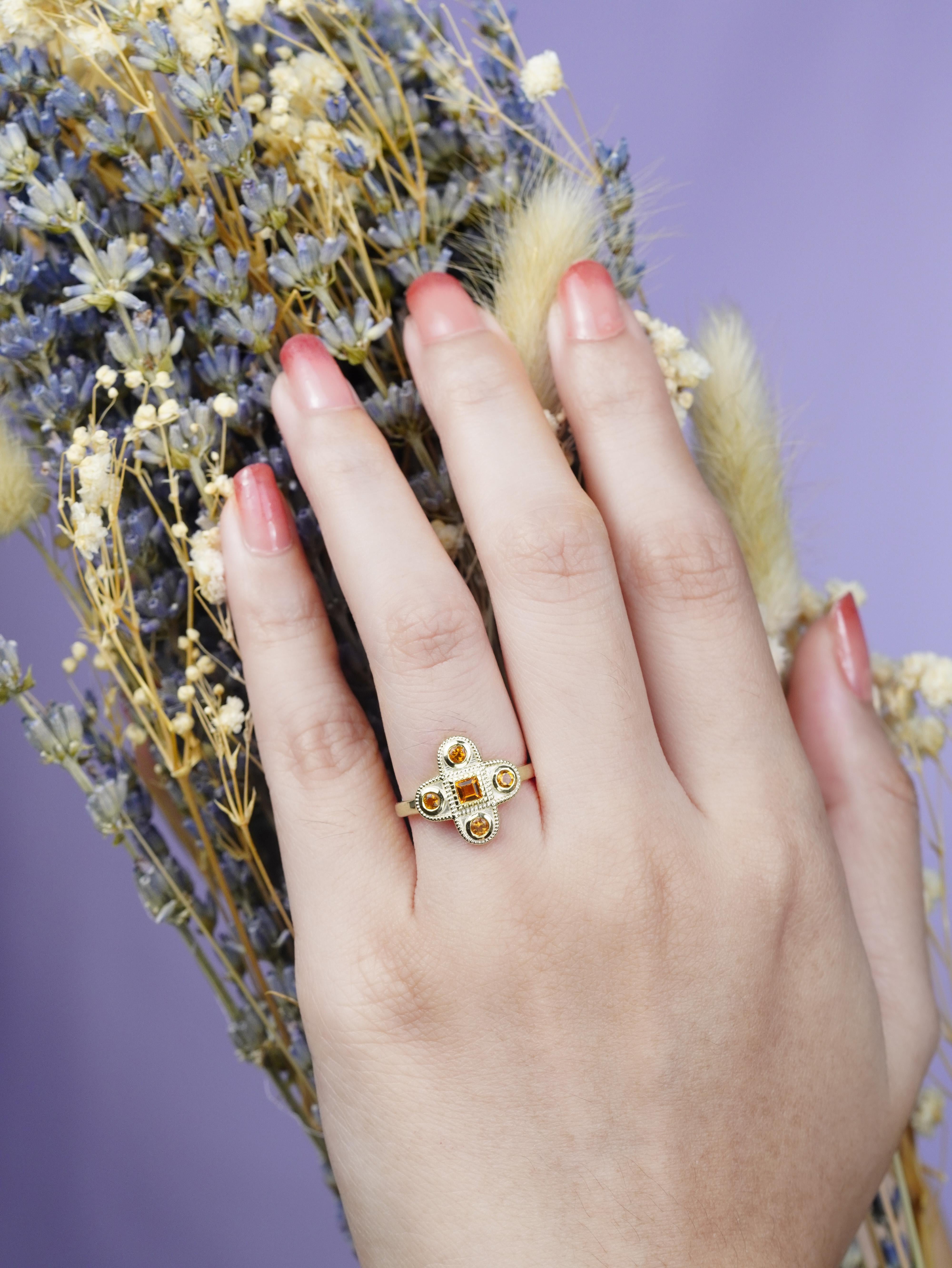 14K Yellow Gold Citrine Vintage Style Cross Cluster Ring For Sale 3