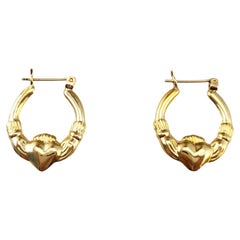 14K Yellow Gold Claddagh Hoop Earrings #17960