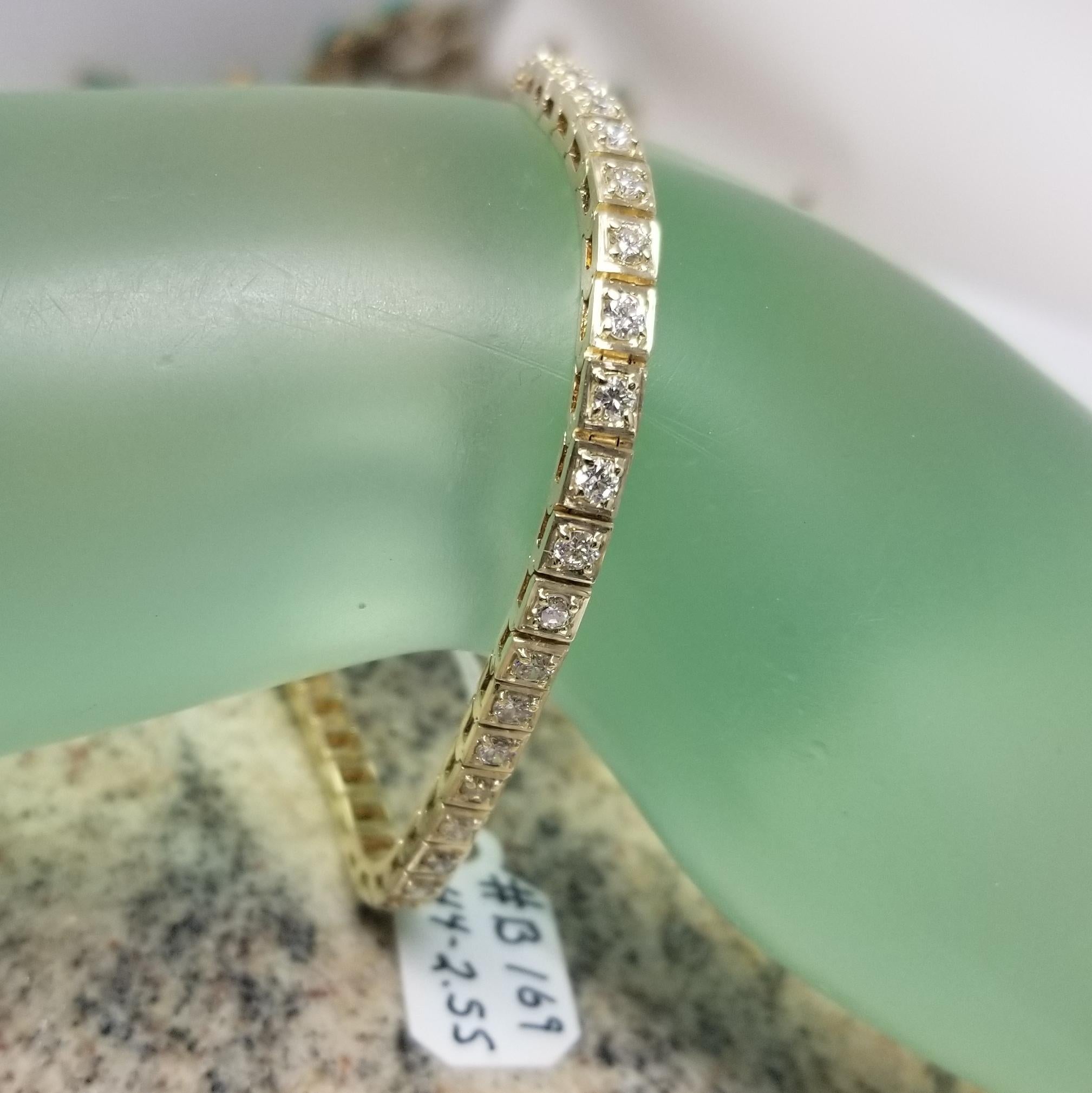 Contemporary 14 karat yellow gold classic box custom diamond tennis bracelet 2.55 carat For Sale