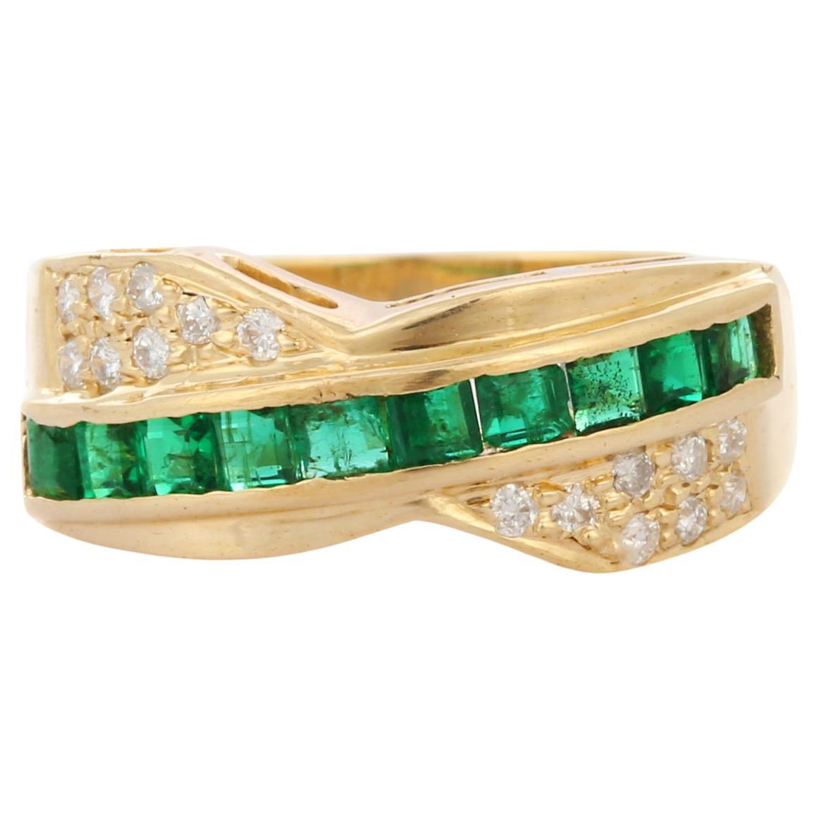 Vintage 14k Yellow Gold Emerald and Diamond Engagement Ring For Sale at ...