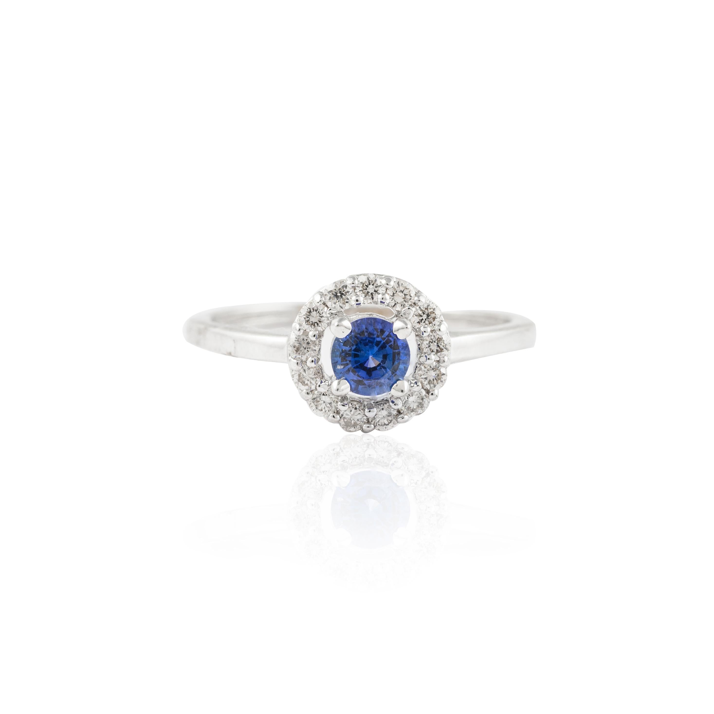 For Sale:  14K Solid White Gold Classic Round Blue Sapphire Ring with Halo Diamonds 2