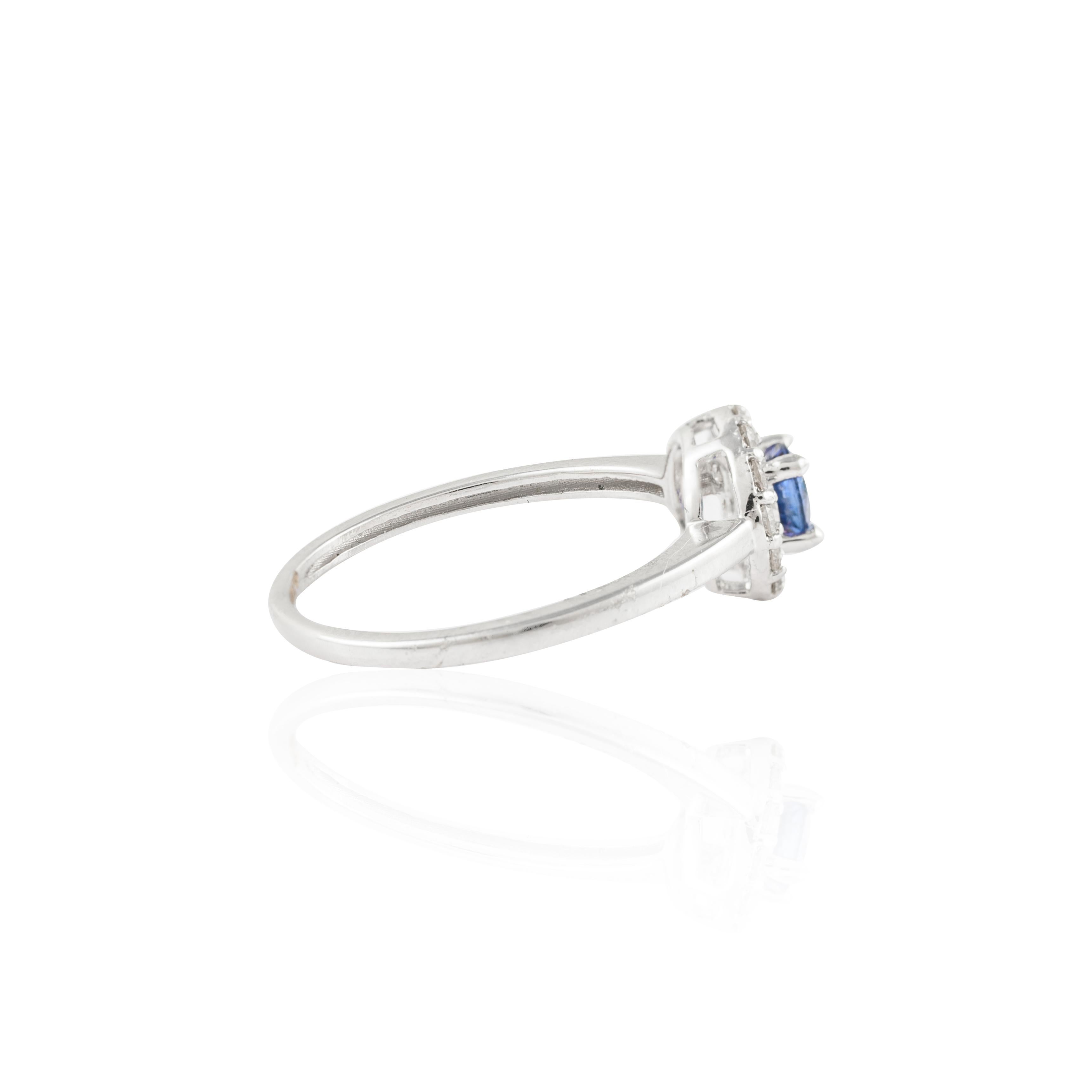 For Sale:  14K Solid White Gold Classic Round Blue Sapphire Ring with Halo Diamonds 4