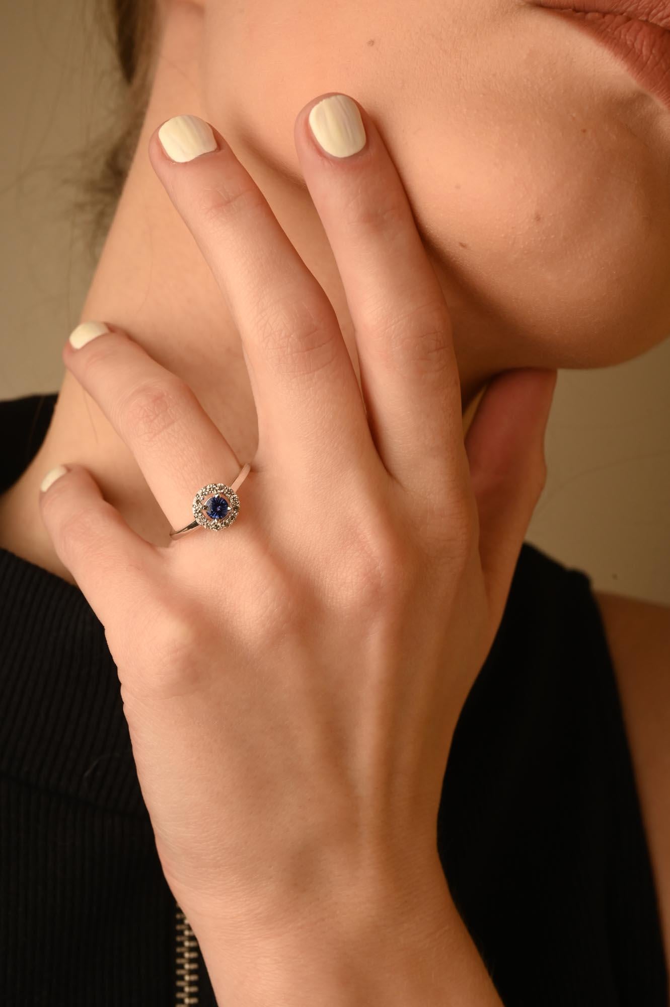 For Sale:  14K Solid White Gold Classic Round Blue Sapphire Ring with Halo Diamonds 9