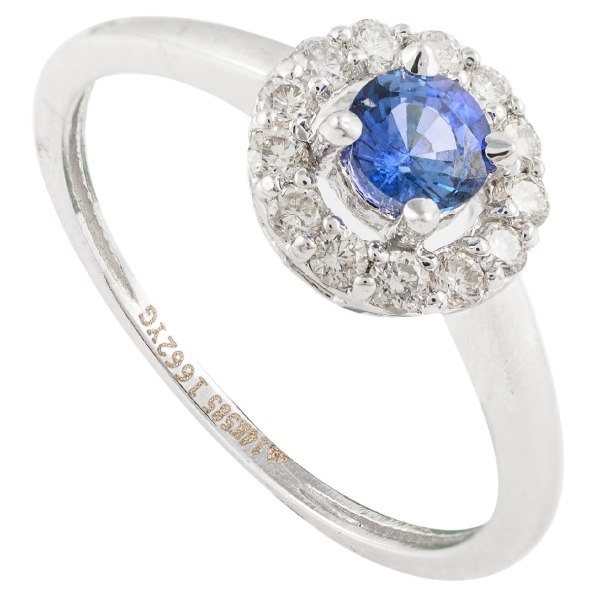14K Solid White Gold Classic Round Blue Sapphire Ring with Halo Diamonds