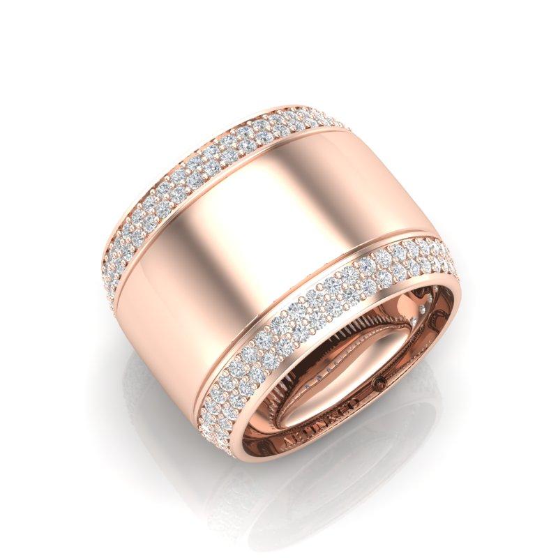 Round Cut 14K Yellow Gold Classic Wide High Polished Border Cigar Diamond Band Ring For Sale
