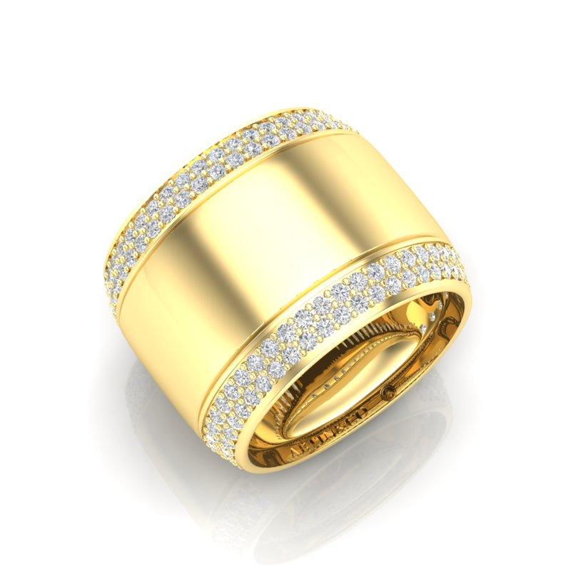 Women's 14K Yellow Gold Classic Wide High Polished Border Cigar Diamond Band Ring For Sale