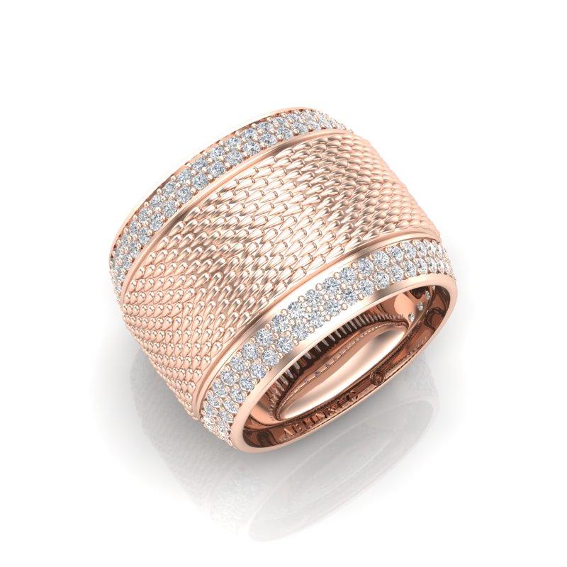 Round Cut 14K Yellow Gold Classic Wide Patterned Cigar Diamond Band Ring For Sale
