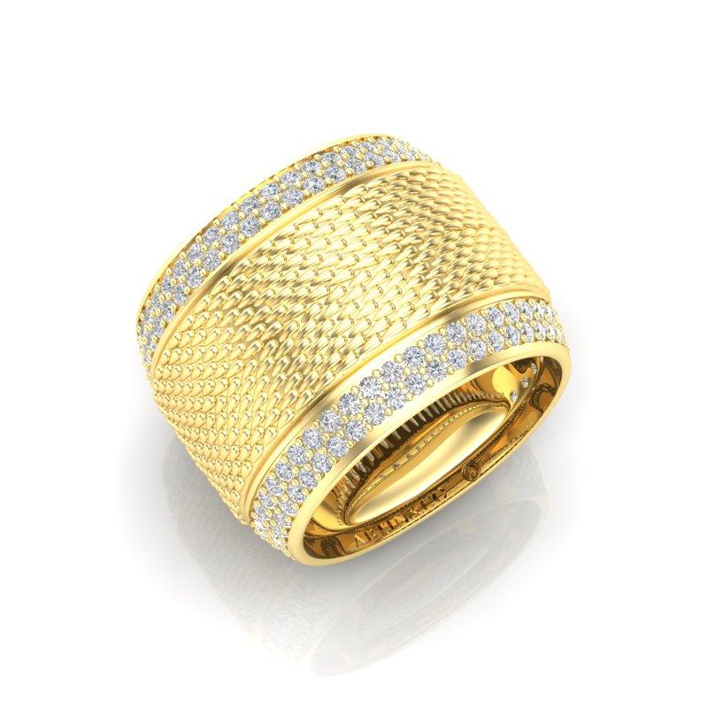 Women's 14K Yellow Gold Classic Wide Patterned Cigar Diamond Band Ring For Sale