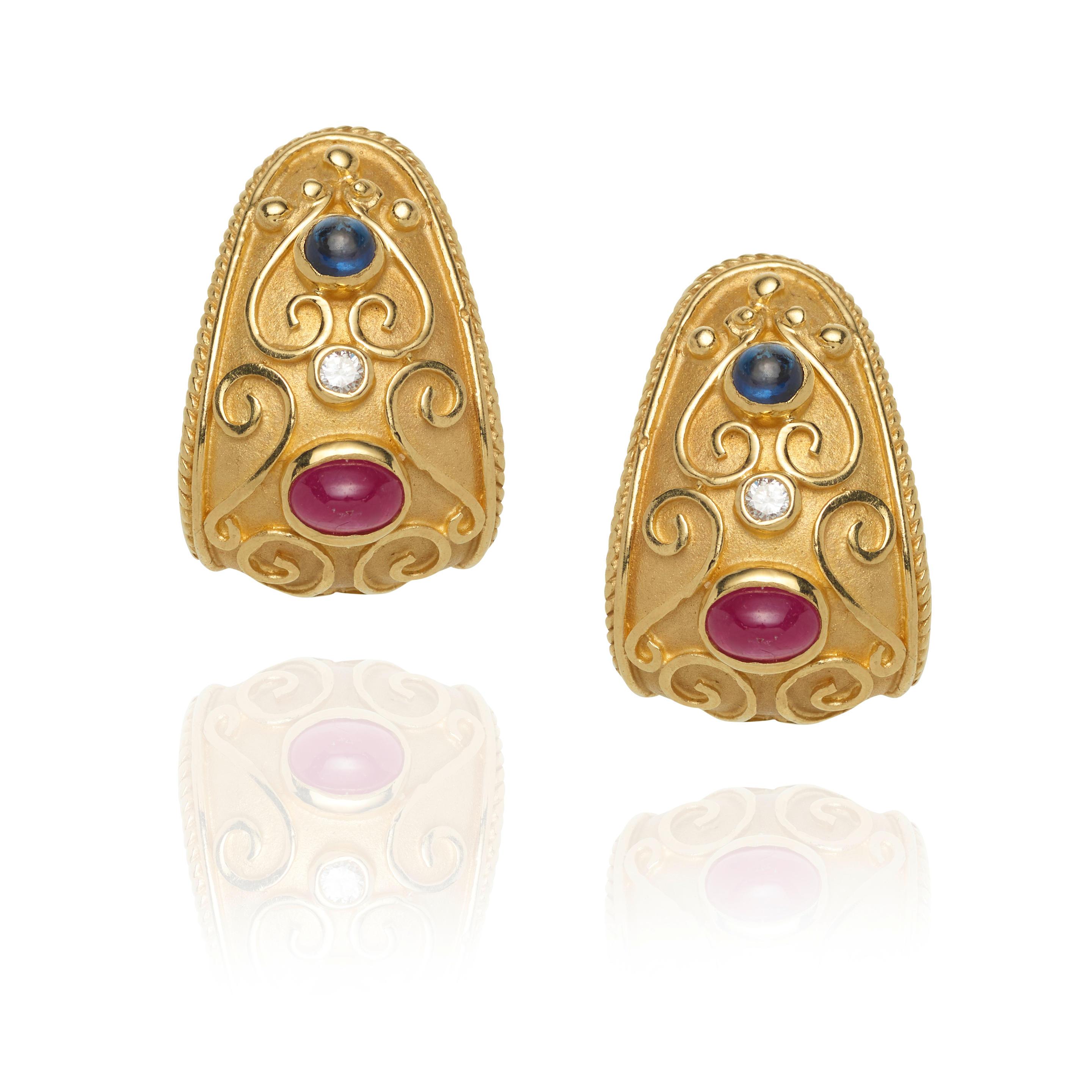 14k Yellow Gold Clip-on Huggie Earrings with Ruby, Sapphire and Diamond Accents For Sale 3