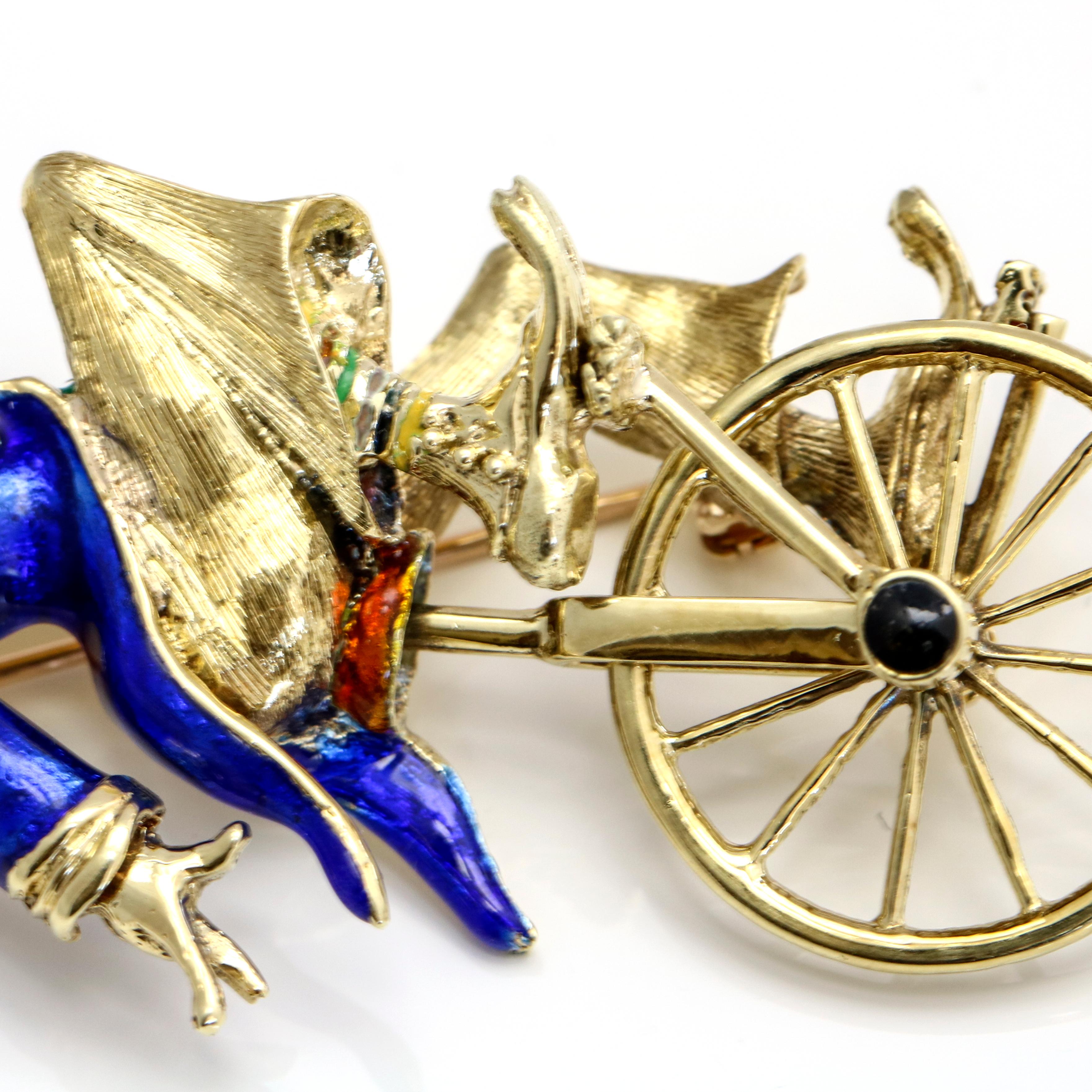 Retro 14 Karat Yellow Gold Clown Riding a Unicycle Enamel Brooch For Sale