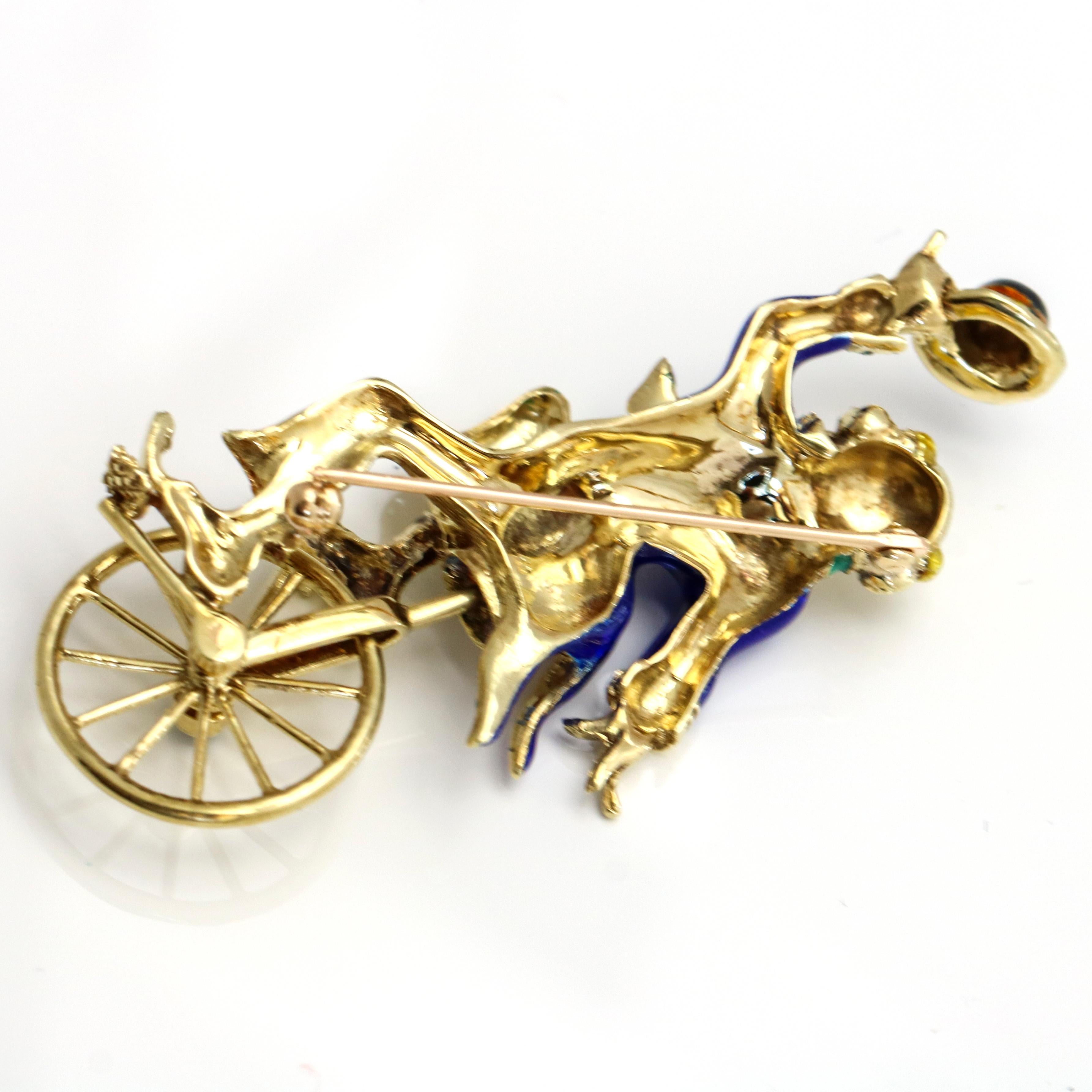 14 Karat Yellow Gold Clown Riding a Unicycle Enamel Brooch In Good Condition For Sale In Fort Lauderdale, FL