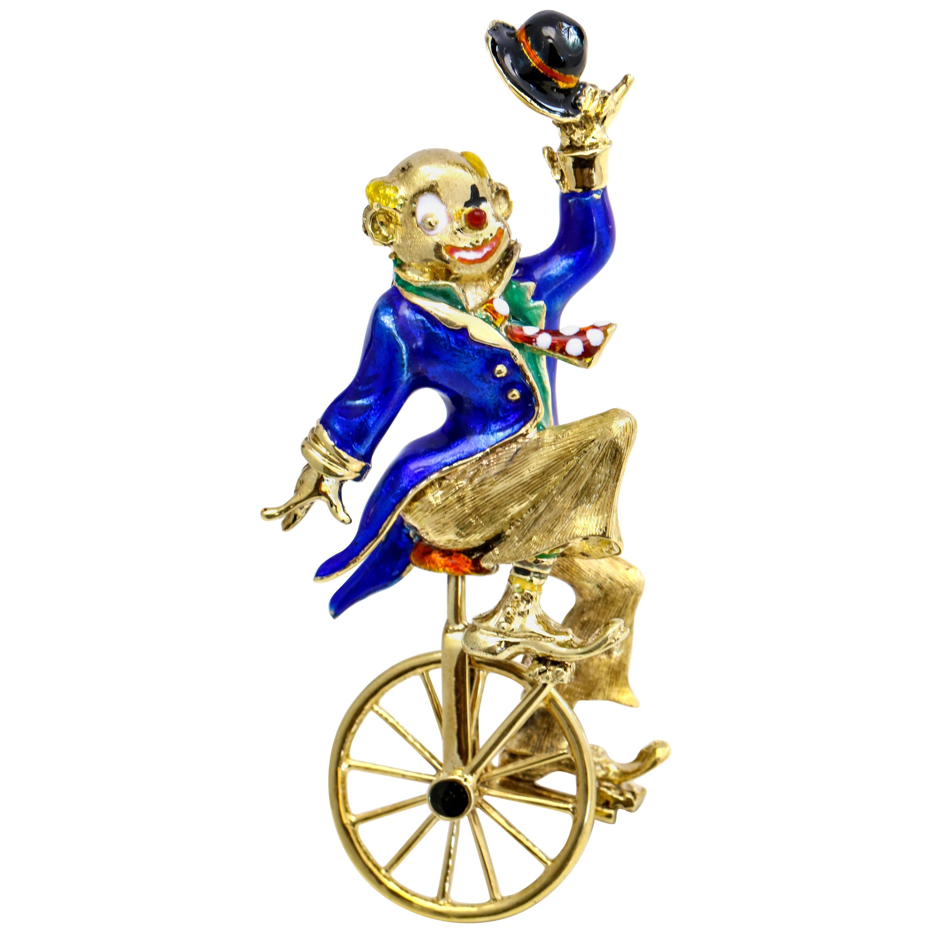 14 Karat Yellow Gold Clown Riding a Unicycle Enamel Brooch For Sale