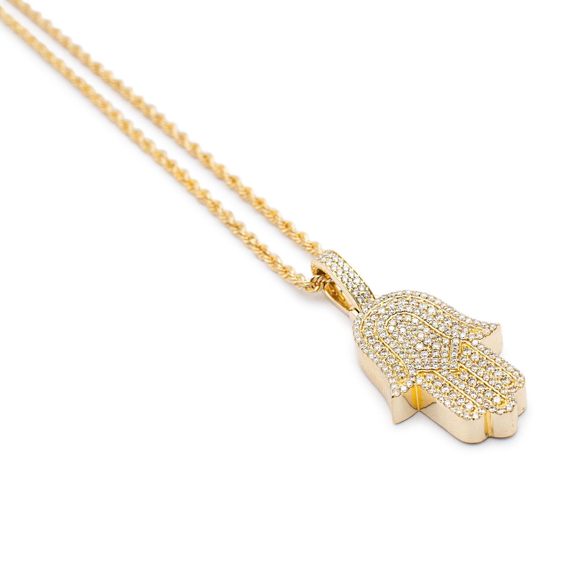 Brilliant Cut 14K Yellow Gold Cluster Diamond Hamsa Pendant Necklace For Sale