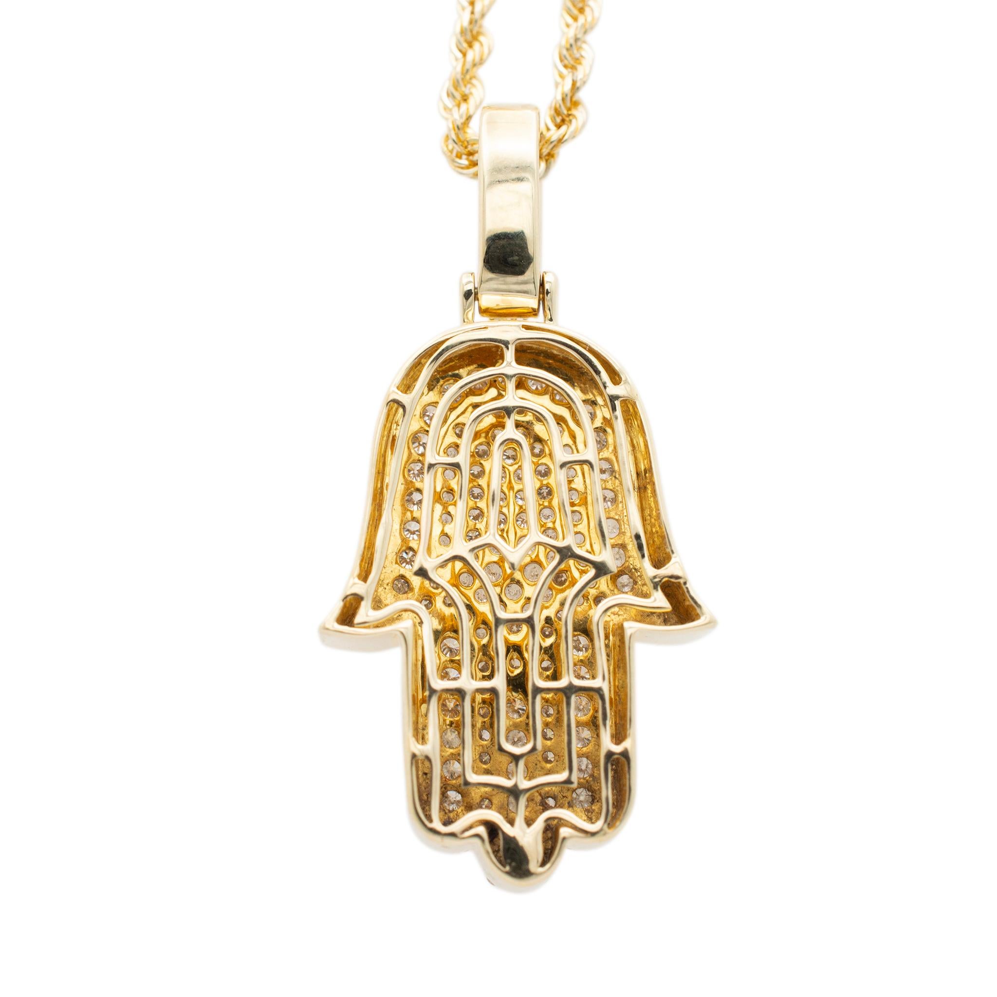 Women's 14K Yellow Gold Cluster Diamond Hamsa Pendant Necklace For Sale