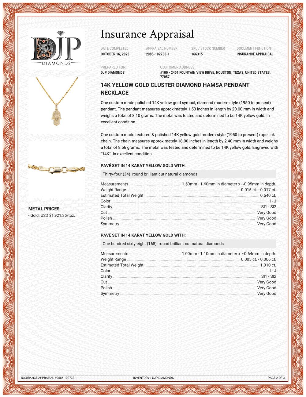 14K Yellow Gold Cluster Diamond Hamsa Pendant Necklace For Sale 4