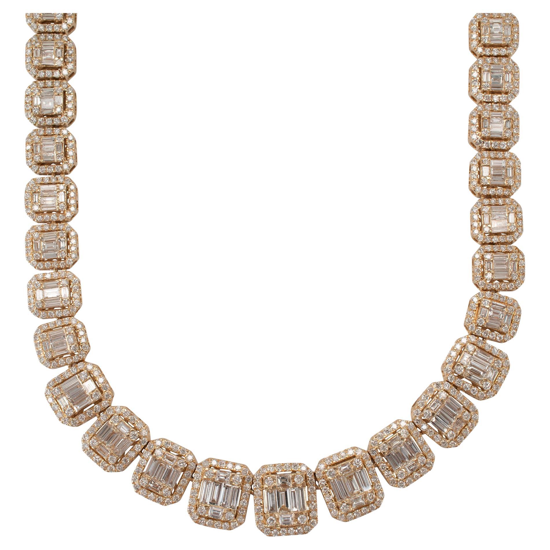 14K Yellow Gold Cluster Pave Graduated Round Baguette Diamond Square Link Chain