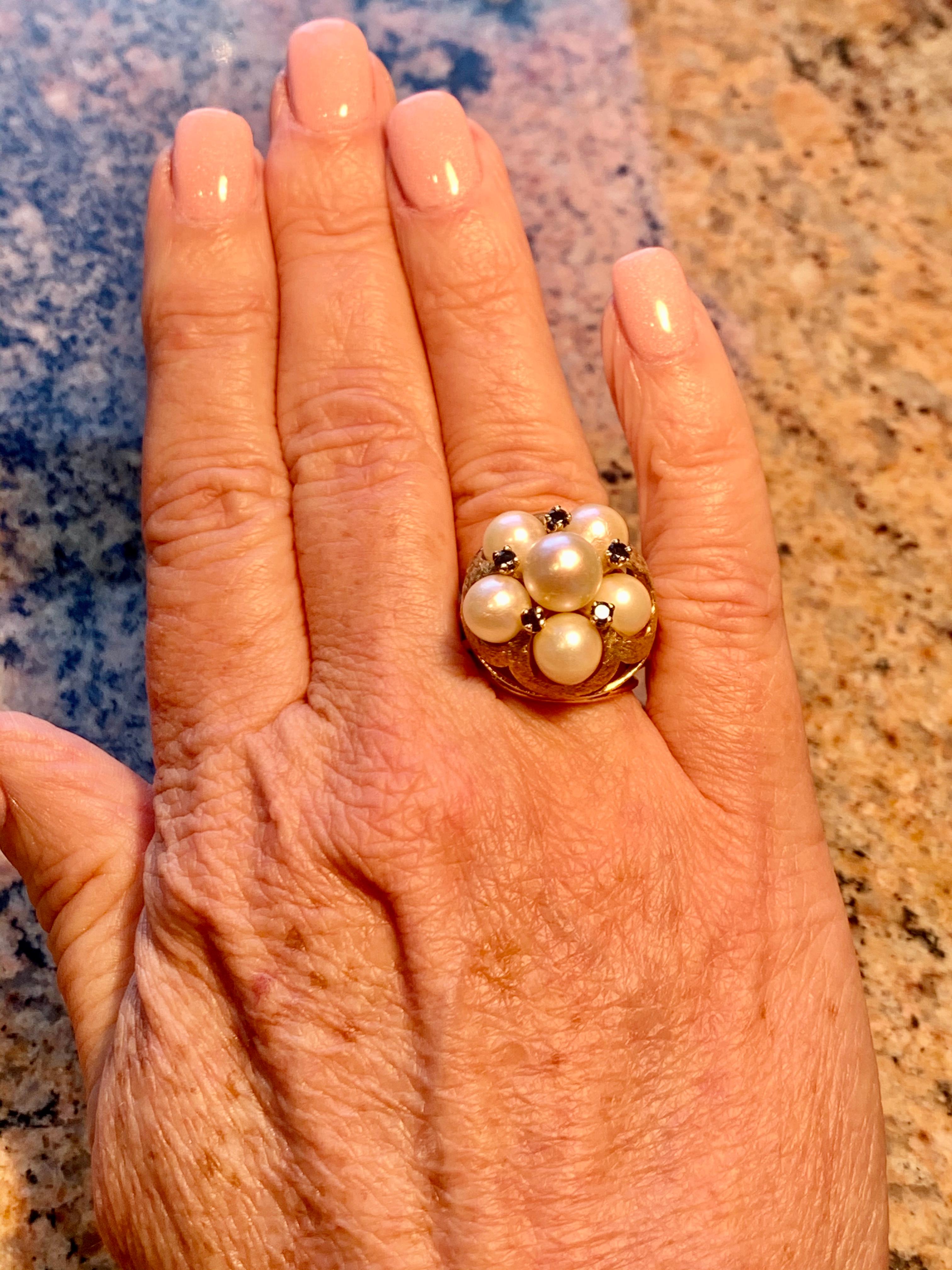 Round Cut Cluster or Cocktail Ring of Pearls and Sapphires, USA, 1960's-14k Yellow Gold