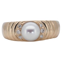 14k Yellow Gold Cluster Ring with 1.06 Total Carat Natural Pearl and Diamonds