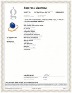 14K Yellow Gold Cocktail Ring Featuring 9 Carat Ceylon Cabochon Sapphire Diamond