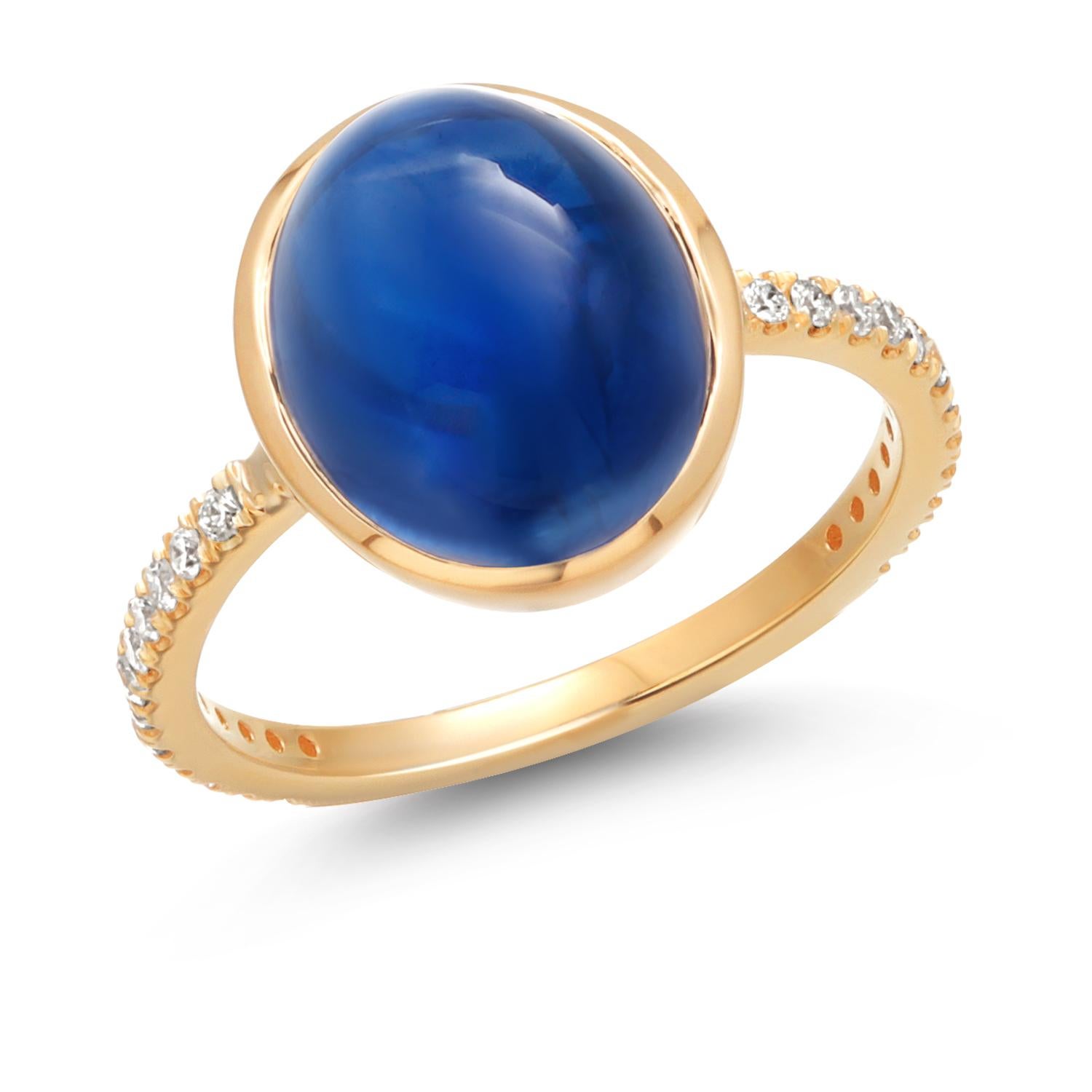 14K Yellow Gold Cocktail Ring Featuring 9 Carat Ceylon Cabochon Sapphire Diamond For Sale 3