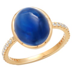 Anillo de cóctel de oro amarillo de 14 quilates con diamante zafiro cabujón de Ceilán de 9 quilates