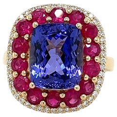 Anillo de Cóctel de Oro Amarillo de 14k Anillo Halo de Boda de Tanzanita Natural y Diamante Rubí