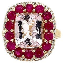 14k Yellow Gold Cocktail Ring Pink Morganite & Ruby Diamond Engagement Halo Ring