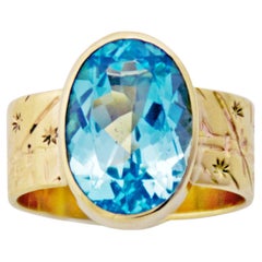 14k Yellow Gold Cocktail Ring with 7.6ct Aquamarine Time Traveler Star Charts