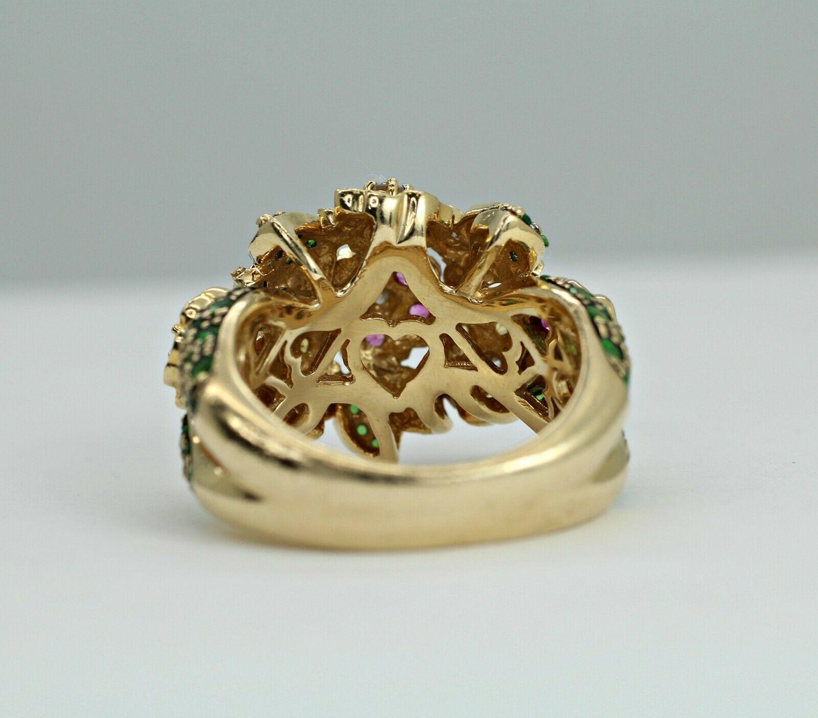 Artisan 14 Karat Gold Cocktail Ring with Tsavorite, Pink and Yellow Sapphire Gemstones