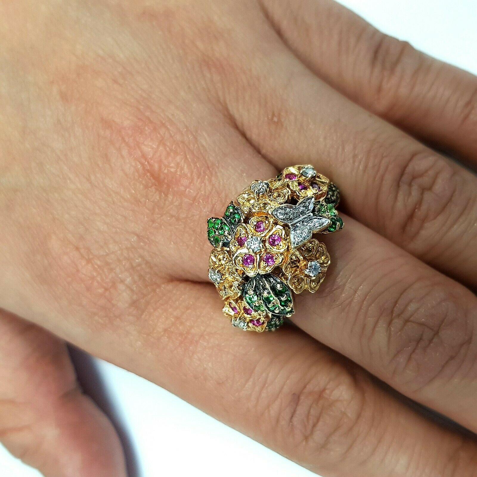 14 Karat Gold Cocktail Ring with Tsavorite, Pink and Yellow Sapphire Gemstones In New Condition In Los Angeles, CA