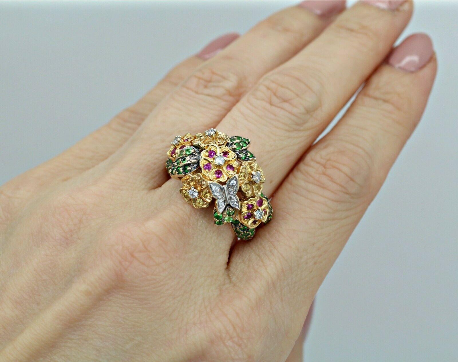 Women's or Men's 14 Karat Gold Cocktail Ring with Tsavorite, Pink and Yellow Sapphire Gemstones