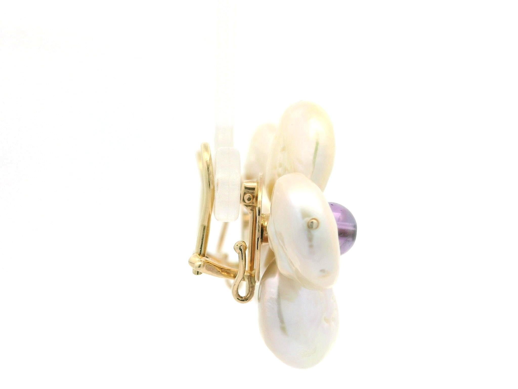 14k Yellow Gold Coin Pearl & Amethyst Flower Shaped Convertible Back Earrings For Sale 8