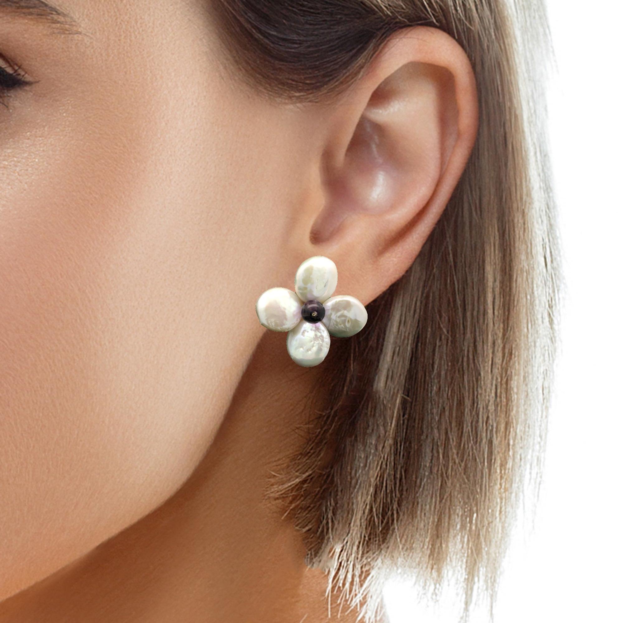 14k Yellow Gold Coin Pearl & Amethyst Flower Shaped Convertible Back Earrings For Sale 9