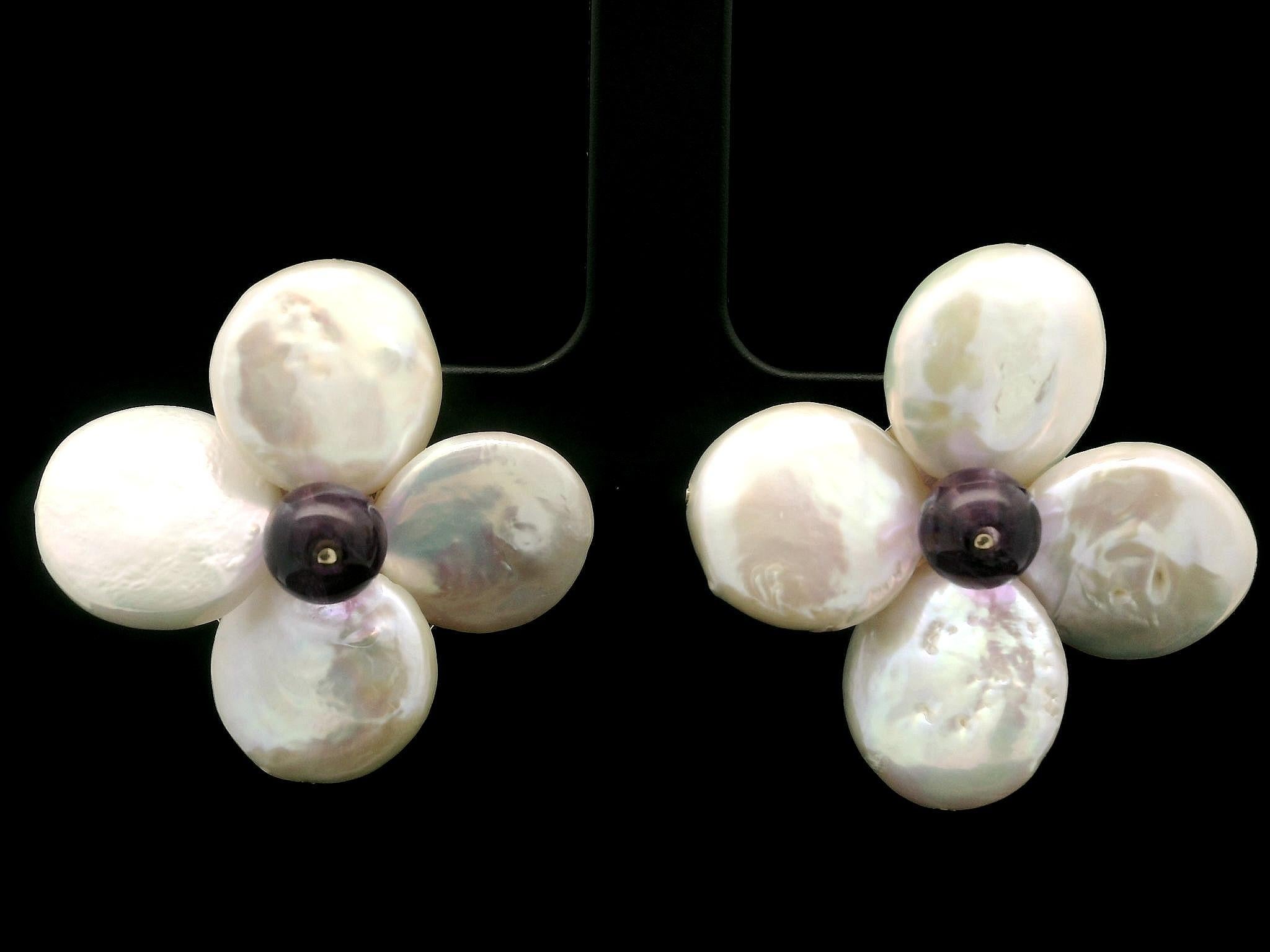 14k Yellow Gold Coin Pearl & Amethyst Flower Shaped Convertible Back Earrings For Sale 10