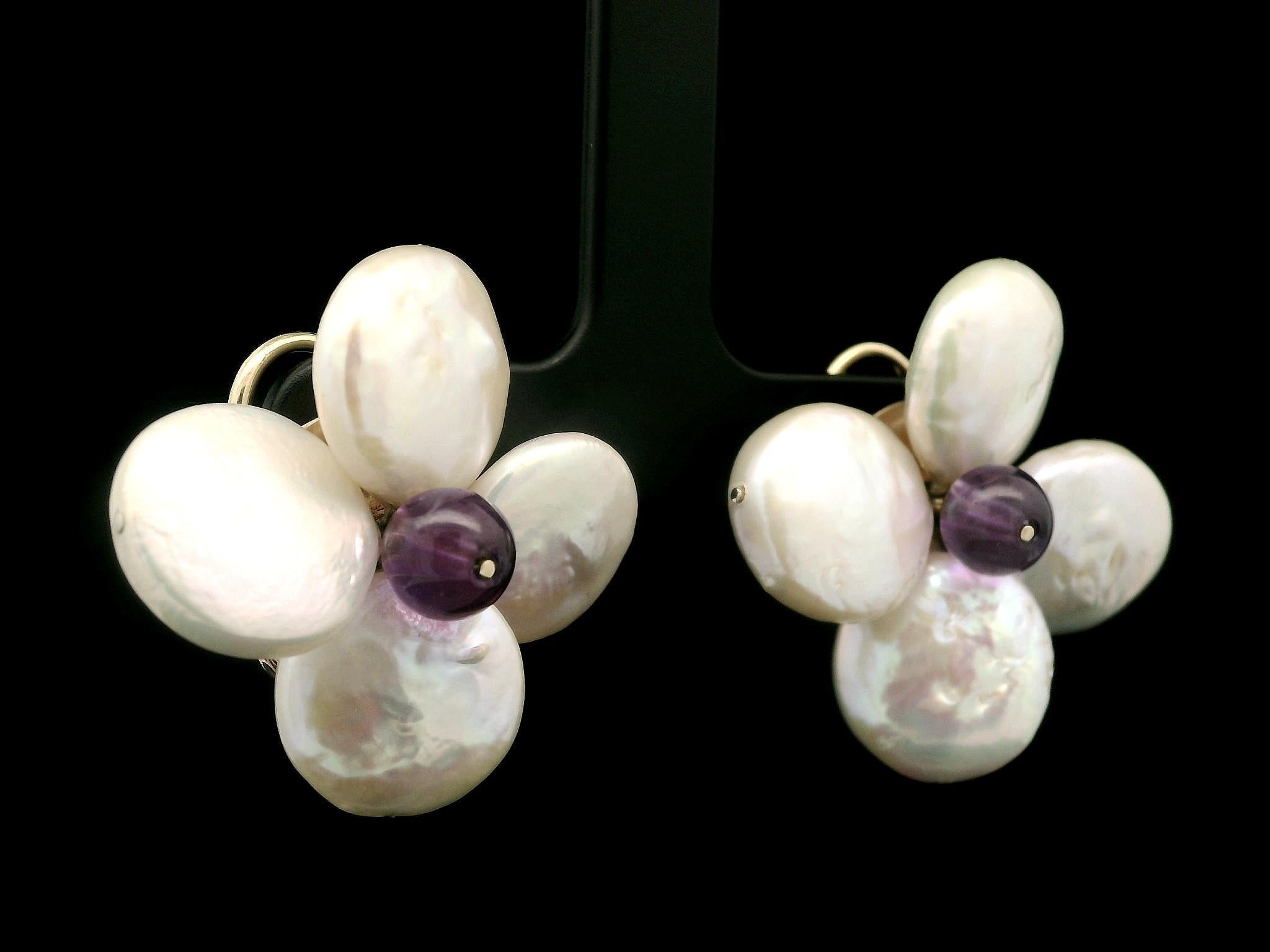 Women's 14k Yellow Gold Coin Pearl & Amethyst Flower Shaped Convertible Back Earrings For Sale