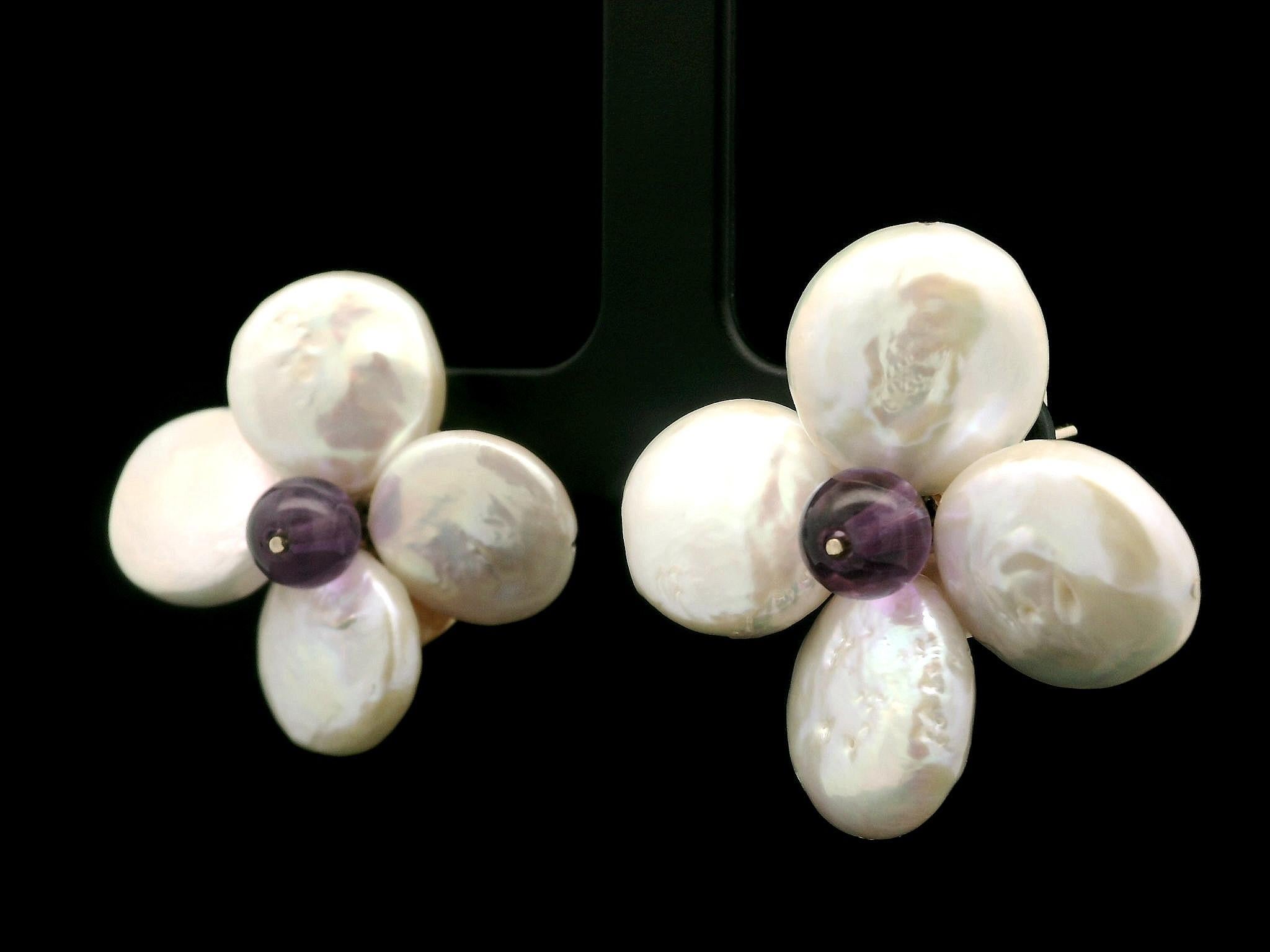14k Yellow Gold Coin Pearl & Amethyst Flower Shaped Convertible Back Earrings For Sale 1