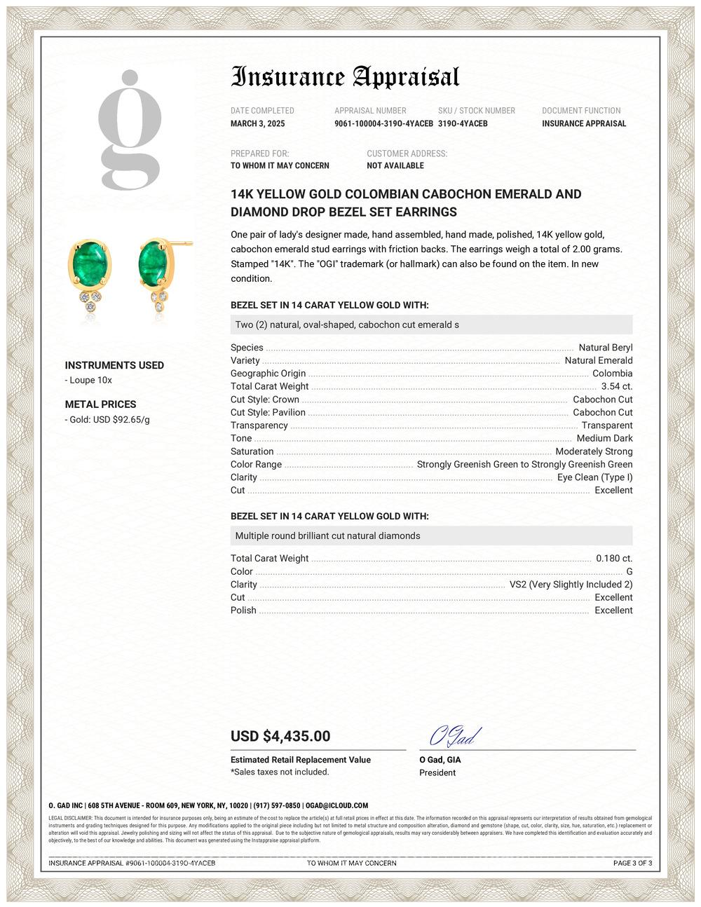 Un'accattivante fusione di lusso ed Eleganza
Eleva la tua collezione di gioielli con questi squisiti orecchini in oro giallo 14K, caratterizzati da una coppia di smeraldi colombiani cabochon e diamanti scintillanti. Realizzati meticolosamente,