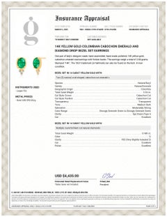 14K Yellow Gold Colombian Cabochon Emerald and Diamond Drop Bezel Set Earrings