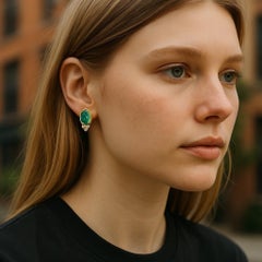 14K Yellow Gold Colombian Cabochon Emerald and Diamond Drop Bezel Set Earrings