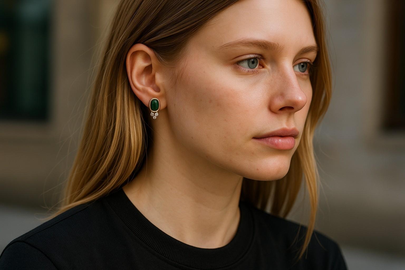 14K Yellow Gold Colombian Cabochon Emerald and Diamond Drop Bezel Set Earrings In New Condition For Sale In New York, NY