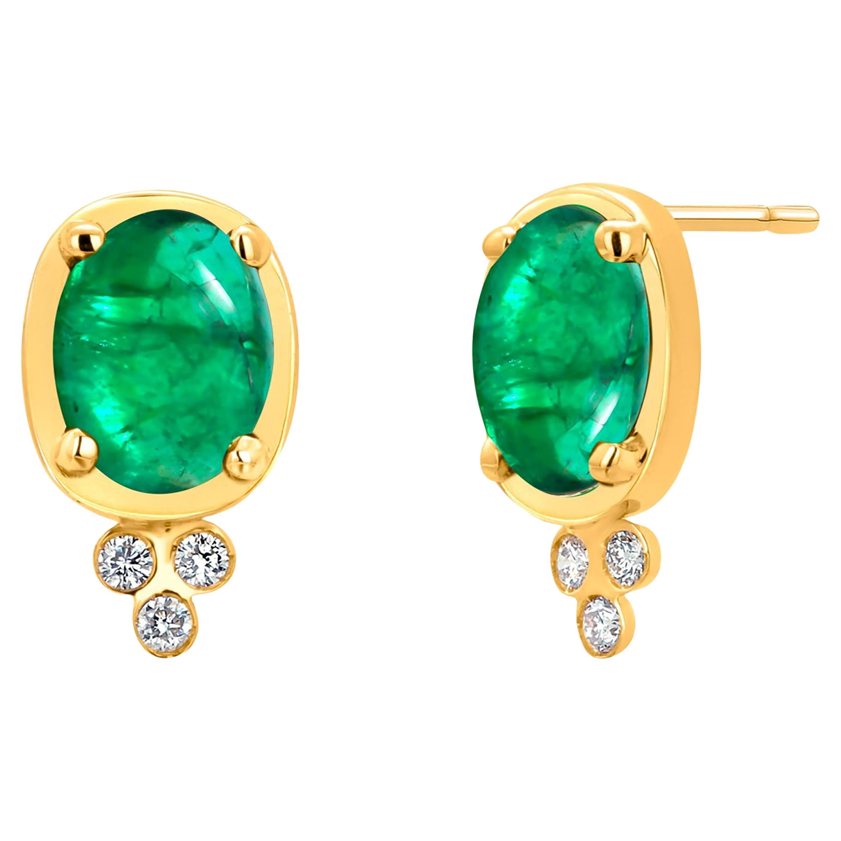 14K Yellow Gold Colombian Cabochon Emerald and Diamond Drop Bezel Set Earrings