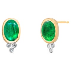 14K Yellow Gold Colombian Cabochon Emerald and Diamond Drop Bezel Set Earrings