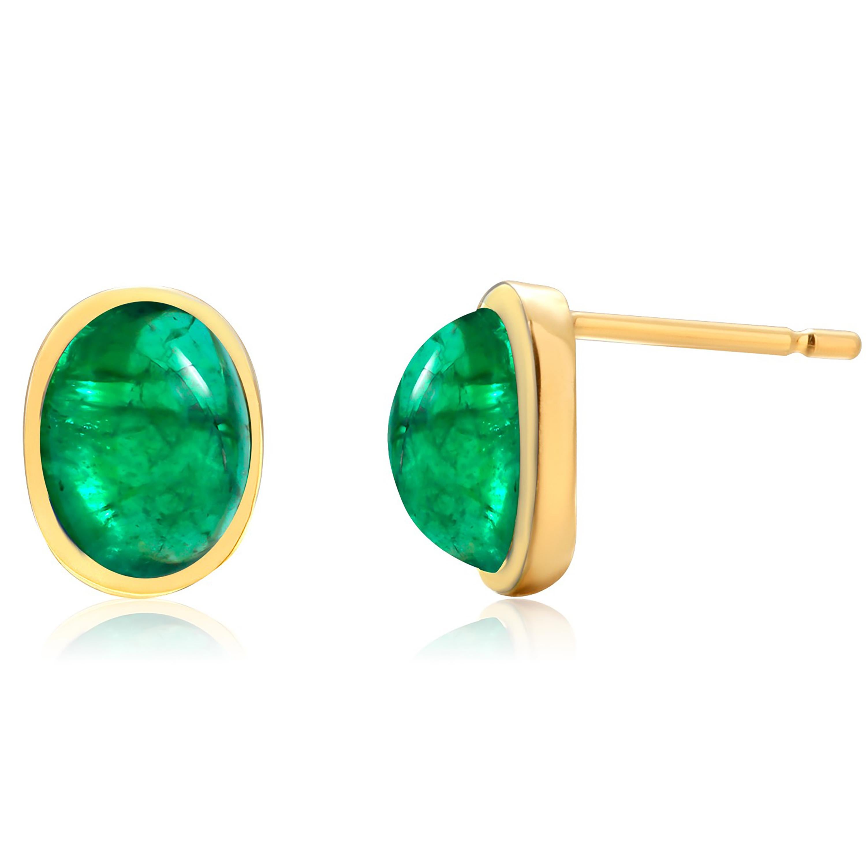 14K Yellow Gold Colombian Cabochon Emerald Bezel Set Stud Earrings 1