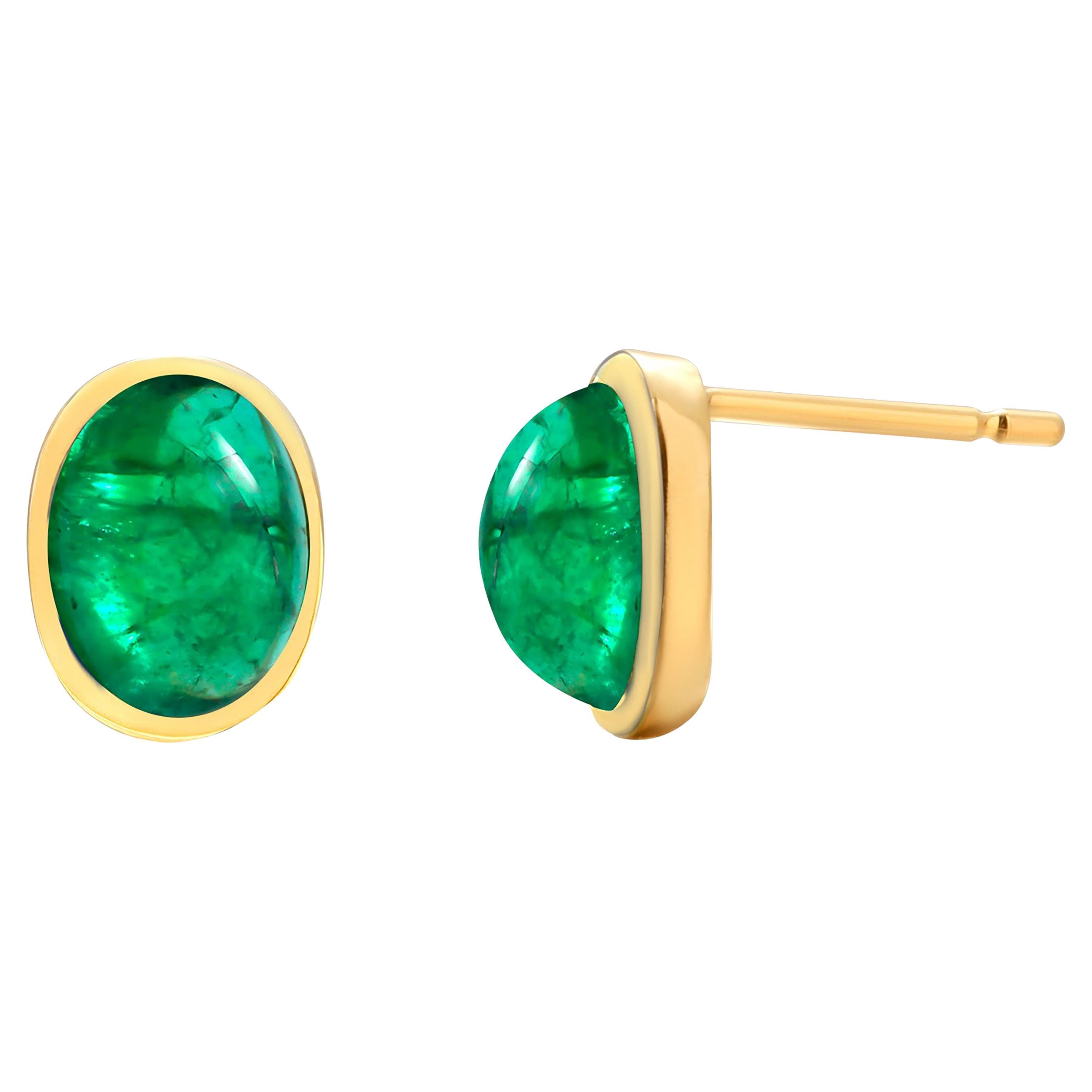 Boucles d'oreilles en or jaune 14K serties d'émeraudes cabochon colombiennes
